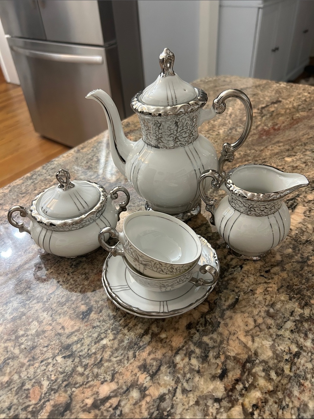 White Porcelain Tea Service with Silver Trim - Elegant Home Dining Serveware